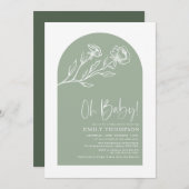 セージエレガントグリーンボタニカルボホベイビーシャワー 招待状 (正面/裏面)