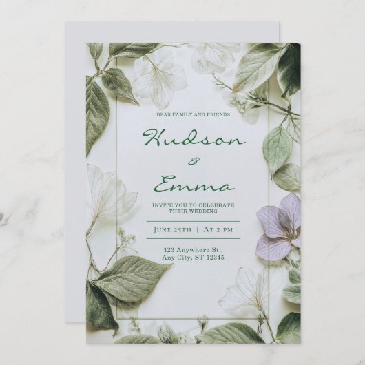 セージエレガントグリーンボタニカル結婚式招待状 招待状 (正面/裏面)