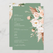 セージエレガントグリーンボホフローラ秋の結婚式 招待状 (正面/裏面)