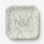 セージエレガントグリーンマーブルモノグラム紙プレート ペーパープレート (正面)