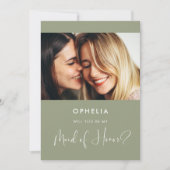 セージエレガントグリーンメイド・オブ・オーナー(花嫁付き添い人)提案カード 招待状 (正面)