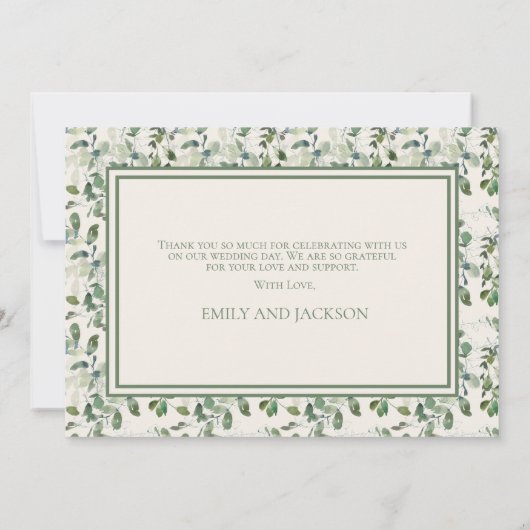 セージエレガントグリーンユーカリ葉スクリーム結婚ズ サンキューカード (裏面)