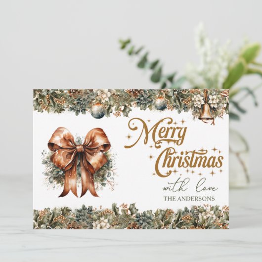 セージエレガントグリーンリースと金ゴールドフェイククリスマス シーズンカード (スタンド正面)