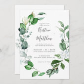 セージエレガントグリーンリースホワイトフローラズ結婚 招待状 (正面/裏面)