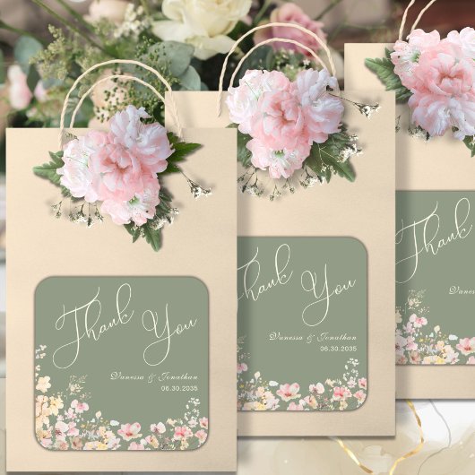 セージエレガントグリーンワイルドフラワーありがとう スクエアシール