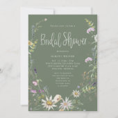 セージエレガントグリーンワイルドフラワーブライダルシャワー 招待状 (正面)