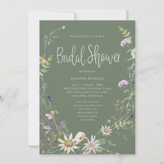 セージエレガントグリーンワイルドフラワーブライダルシャワー 招待状 (正面)
