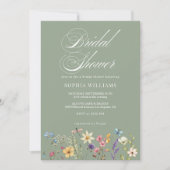 セージエレガントグリーンワイルドフラワーブライダルシャワー 招待状 (正面)