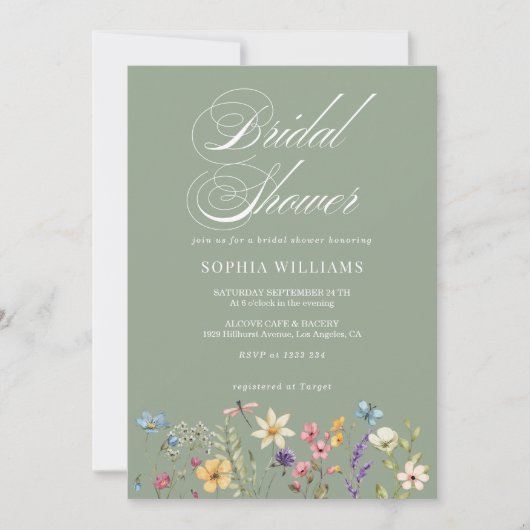 セージエレガントグリーンワイルドフラワーブライダルシャワー 招待状 (正面)