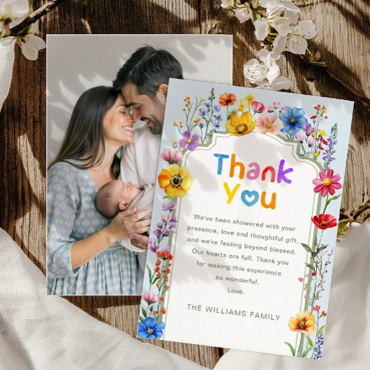 セージエレガントグリーンワイルドフラワーベビー写真ありがとう サンキューカード