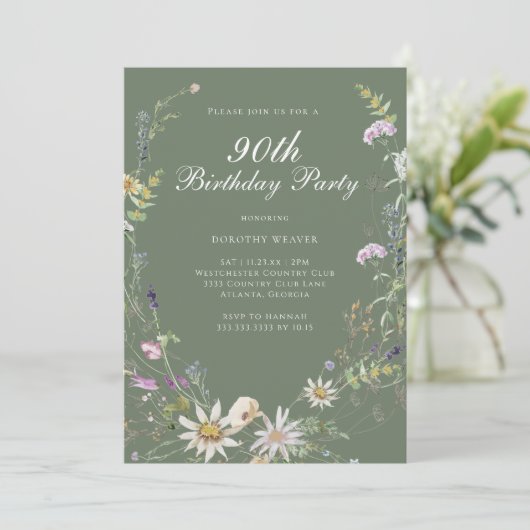 セージエレガントグリーンワイルドフラワー90th誕生日パーティー 招待状 (スタンド正面)