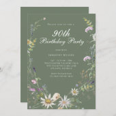 セージエレガントグリーンワイルドフラワー90th誕生日パーティー 招待状 (正面/裏面)