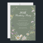 セージエレガントグリーンワイルドフラワー90th誕生日パーティー 招待状<br><div class="desc">エレガントSage Green Wildflower 90th Birthday Partyへの招待</div>