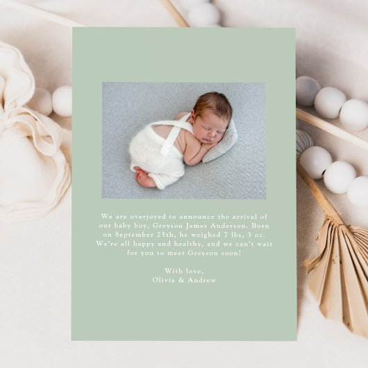 セージエレガントグリーンヴィンテージボウフォト誕生 案内状