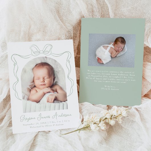 セージエレガントグリーンヴィンテージボウフォト誕生 案内状