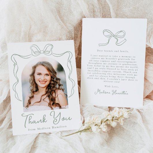 セージエレガントグリーンヴィンテージボウ写真卒業 サンキューカード