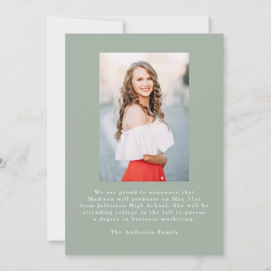 セージエレガントグリーンヴィンテージボウ写真卒業 案内状 (裏面)