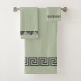 セージエレガントグリーン上の灰色のギリシャのパターン バスタオルセット