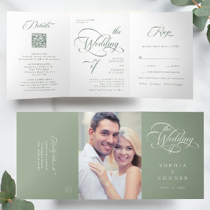 セージエレガントグリーン上質の書結婚道 三つ折り招待状