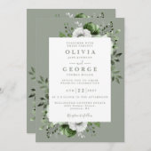 セージエレガントグリーン国フローラQRコー結婚ド 招待状 (正面/裏面)