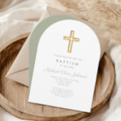 セージエレガントグリーン宗教十字洗礼アーチ 招待状