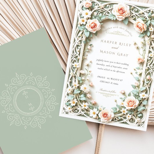 セージエレガントグリーン赤面バラ結婚式招待状 招待状