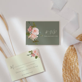 セージエレガントグリーン赤面ピンクフローラ結婚ズ 出欠カード