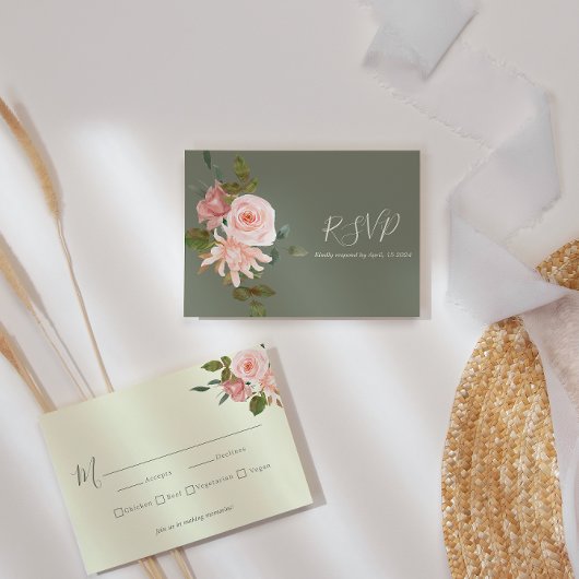 セージエレガントグリーン赤面ピンクフローラ結婚ズ 出欠カード