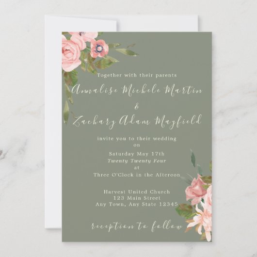 セージエレガントグリーン赤面ピンクフローラ結婚ズ 招待状 (正面)
