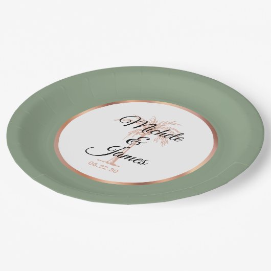 セージエレガントグリーン金ゴールドパームツリートロピカル結婚ズ ペーパープレート (アングル)