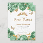 セージエレガントグリーン金ゴールドフローラスウィート16 16 招待状 (正面/裏面)