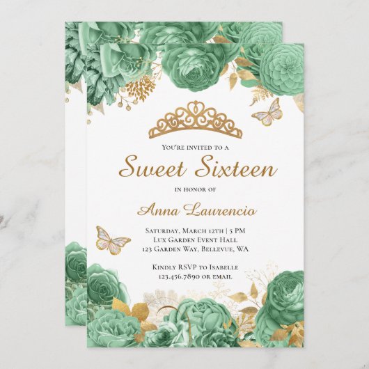 セージエレガントグリーン金ゴールドフローラスウィート16 16 招待状 (正面/裏面)