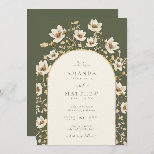 セージエレガントグリーン金ゴールドフローラ結婚式招待状 招待状 (正面/裏面)