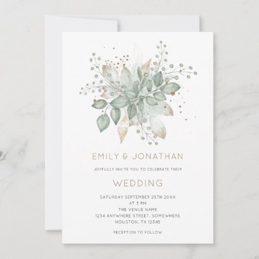 セージエレガントグリーン金ゴールドリーフ結婚式招待状 招待状 (正面)