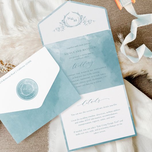 セージエレガントシーグラス水カラーモノグラム結婚ズ オールインワン招待状