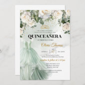 セージエレガントドレフォーマルスホワイトローズグリーン 招待状 (正面/裏面)