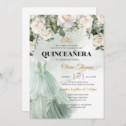 セージエレガントドレフォーマルスホワイトローズグリーン 招待状 (正面/裏面)