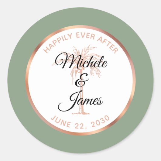 セージエレガントバラ金ゴールドパームツリートロピカル結婚ズ ラウンドシール (正面)