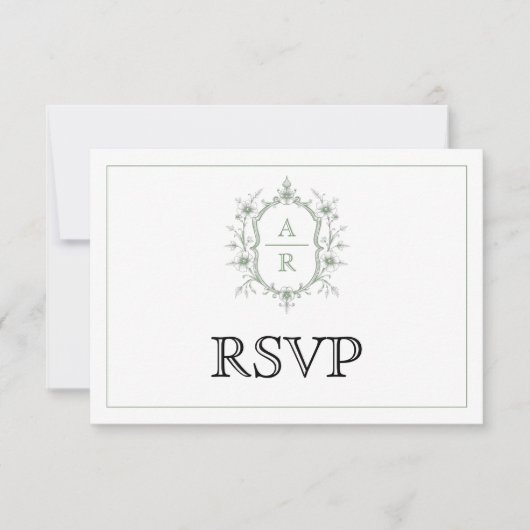 セージエレガントフローラクレストモノグラム結婚QRコード 出欠カード (正面)