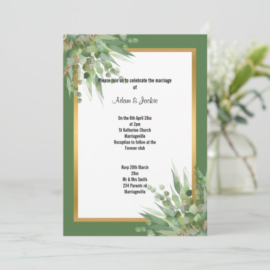 セージエレガント金ゴールドユーカリ結婚式招待状 招待状 (スタンド正面)