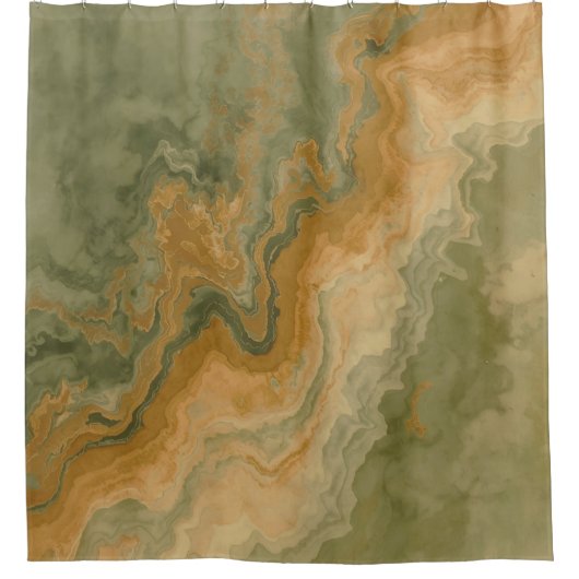 セージオリーブグリーンマスタードイエロープリント シャワーカーテン (正面)