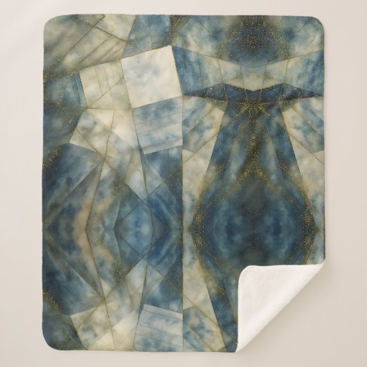 セージオリーブグリーン金ゴールド幾何学抽象芸術ナチュラル シェルパブランケット (正面)