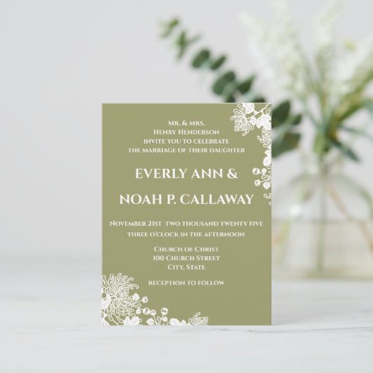 セージオリーブグリーン&ホワイトヴィンテージ結婚フローラ インビテーションポストカード (スタンド正面)