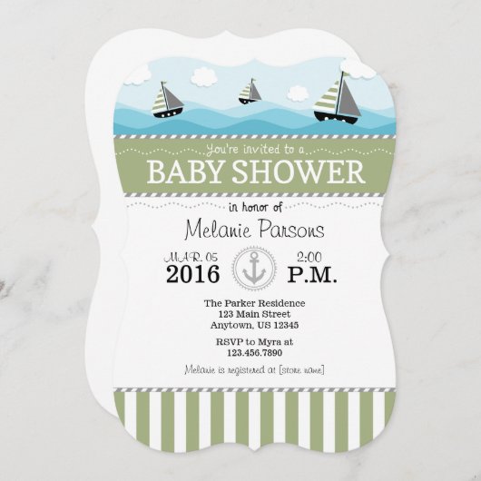 セージオリーブ航海のブルーベビーシャワー招待状 招待状 (正面/裏面)