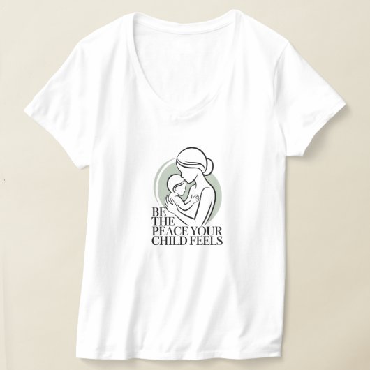 セージカラーの母と子のシルエット マントラ Tシャツ (レイダウン)