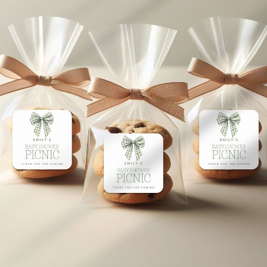 セージギンガムボウ名ベビーシャワーありがとう スクエアシール