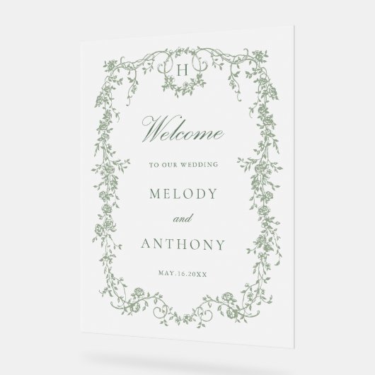 セージクラシックグリーンフランスのフローラ結婚の歓迎 アクリルサイン (傾斜)