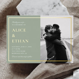 セージクラシックグリーン書道結婚写真 箔招待状