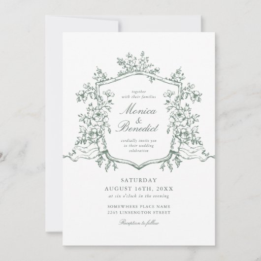 セージグエレガントリーンフランスのバラ庭園の結婚式 招待状 (正面)