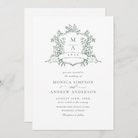 セージグエレガントリーンフランスのバラ庭園の結婚式 招待状 (正面/裏面)